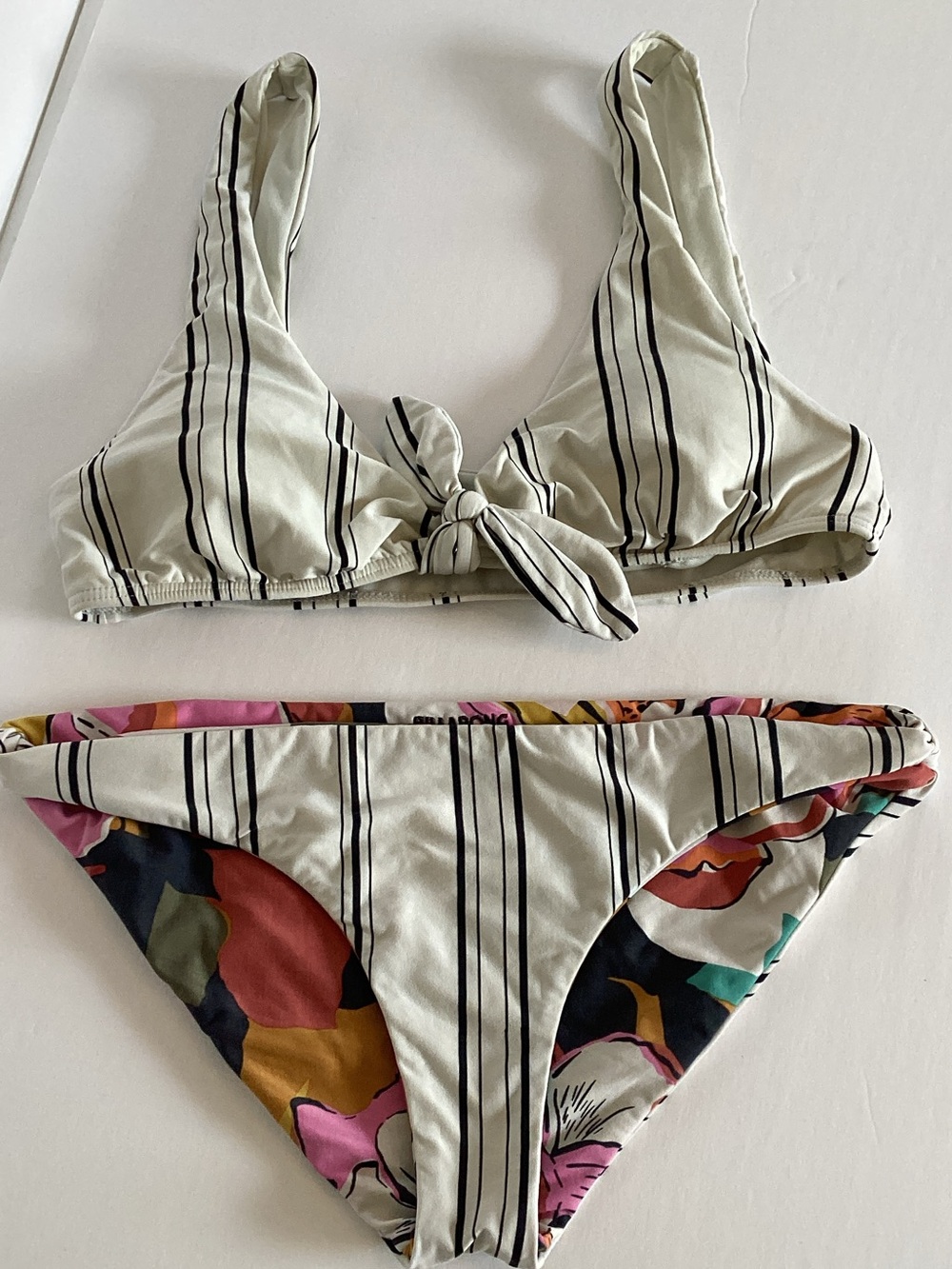 Billabong Ivory and Black Stripe Bikini Set with Floral reversible bottom
